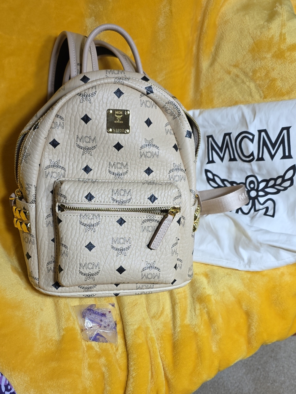 Authentic MCM Beige Logo Print Mini Backpack